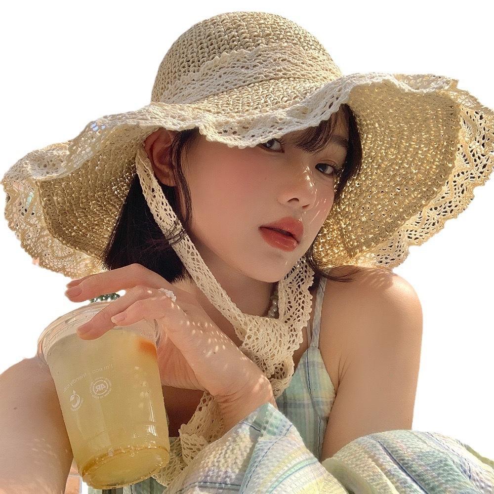 Hat Women's Spring and Summer French Straw Hat Versatile Lace Sunscreen Hat Summer Seaside Beach Sun Hat