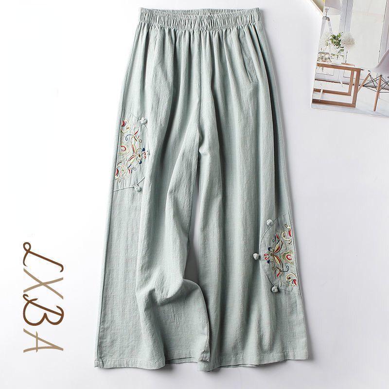 Summer Ladies Cotton Linen Casual Pants Retro Ethnic Wind Embroidered Wide-legged Pants Thin Nine-point Pants