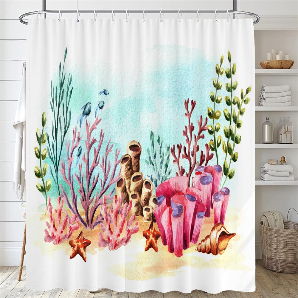 Dolphin Shower Curtain Blue Underwater World Marine Life Polyester Fabric Kids Ocean Theme Bathroom Curtain Decor with Hooks
