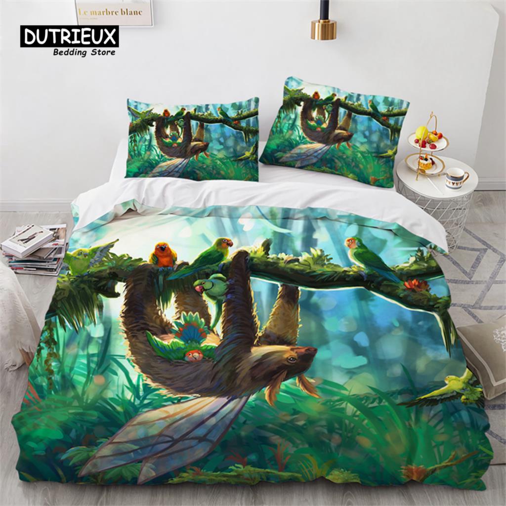 Niedlicher Faultier Bettbezug Einzelbett Cartoon Tier Bettwäsche Set Mikrofaser Floral Blätter Steppdeckenbezug Für Teenager Mädchen Jungen Kawaii Raumdeko