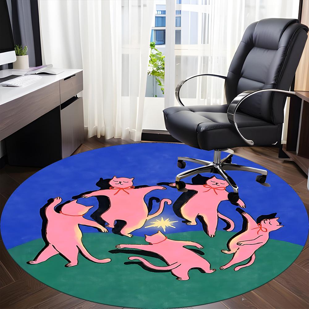1pc Cat Circle Office Round Area Rug, Indoor Mat Suitable For Office, Under Office Chairs Bedroom Living Room Home Decor, Room Deco