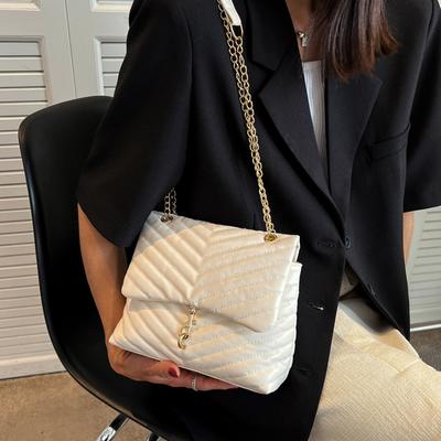 Bolsas Transversais Casuais com Corrente Para Mulheres Moda Listrada Bolsa de Ombro Grande Capacidade Aba Bolsas de Mão Femininas