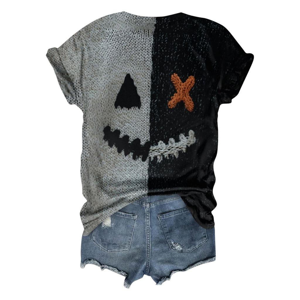 Moda Donna Casual Manica a Tre Quarti Lettere di Halloween, Top con Stampa Faccia