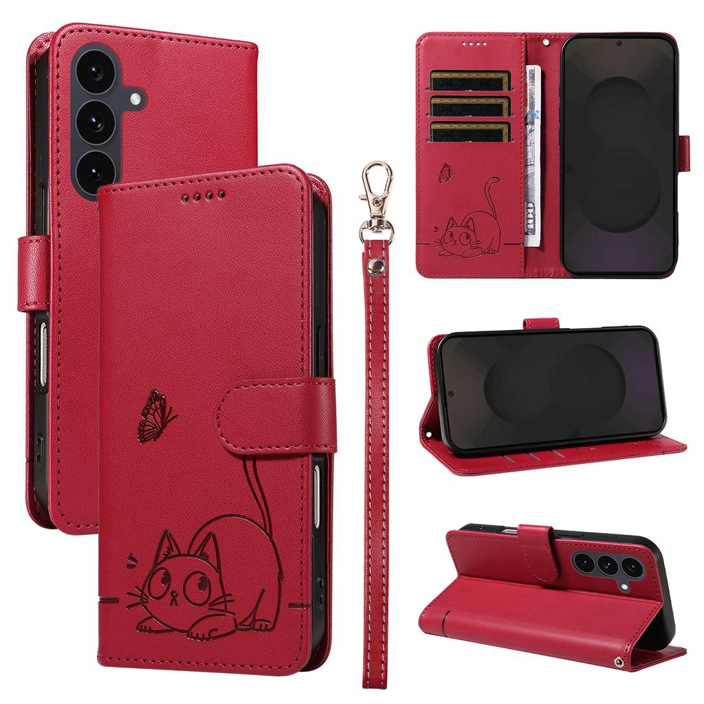 For Samsung Galaxy S25 FE Case Cat Pattern Imprint Leather Phone Cover with Wrist Strap