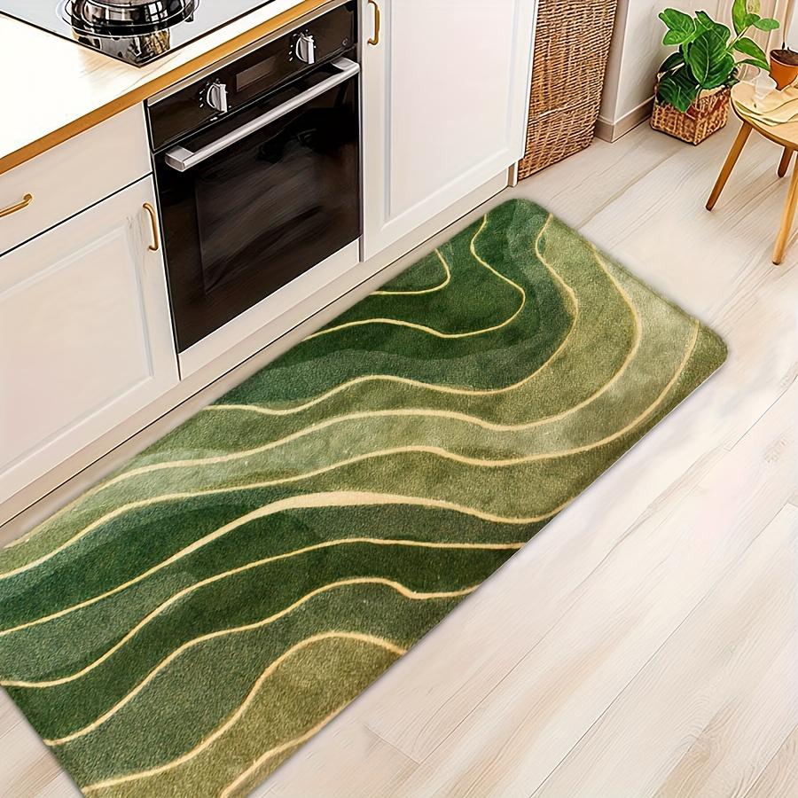 Green Minimalist Wave Bath Mat, Soft Flannel Non-Slip Rug, Printed Carpet for Bathroom, Living Room, Kitchen, Modern Home Decor