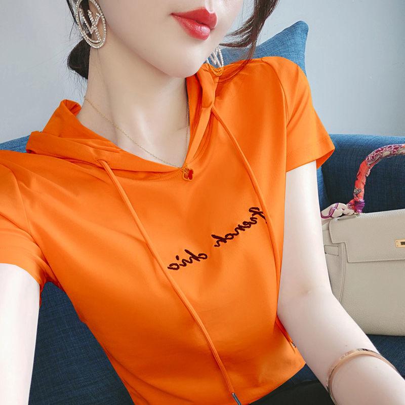Women's Hooded Short Sleeve T-Shirt Loose Fit Casual Pullover Letter Print Summer Fashion Top