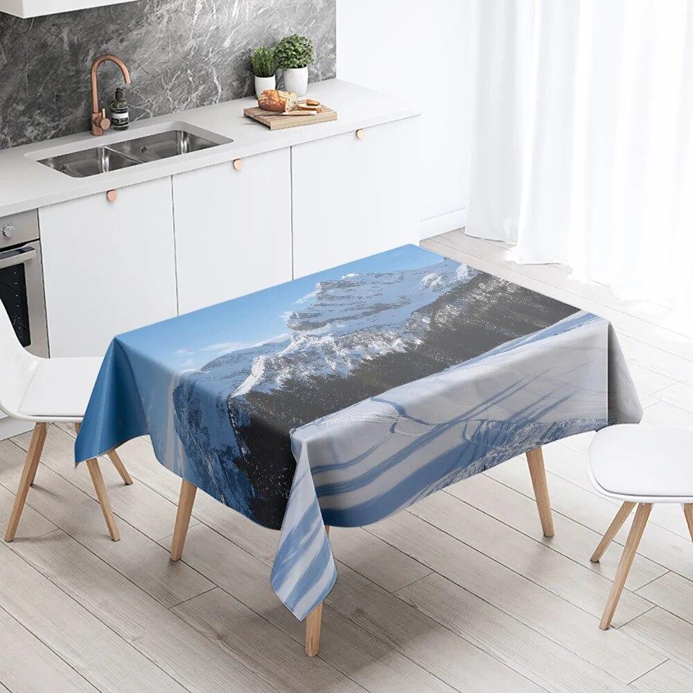 Față de masă cu zăpadă de iarnă frumoasă, anti-fouling, impermeabilă, dreptunghiulară, pentru decorarea casei