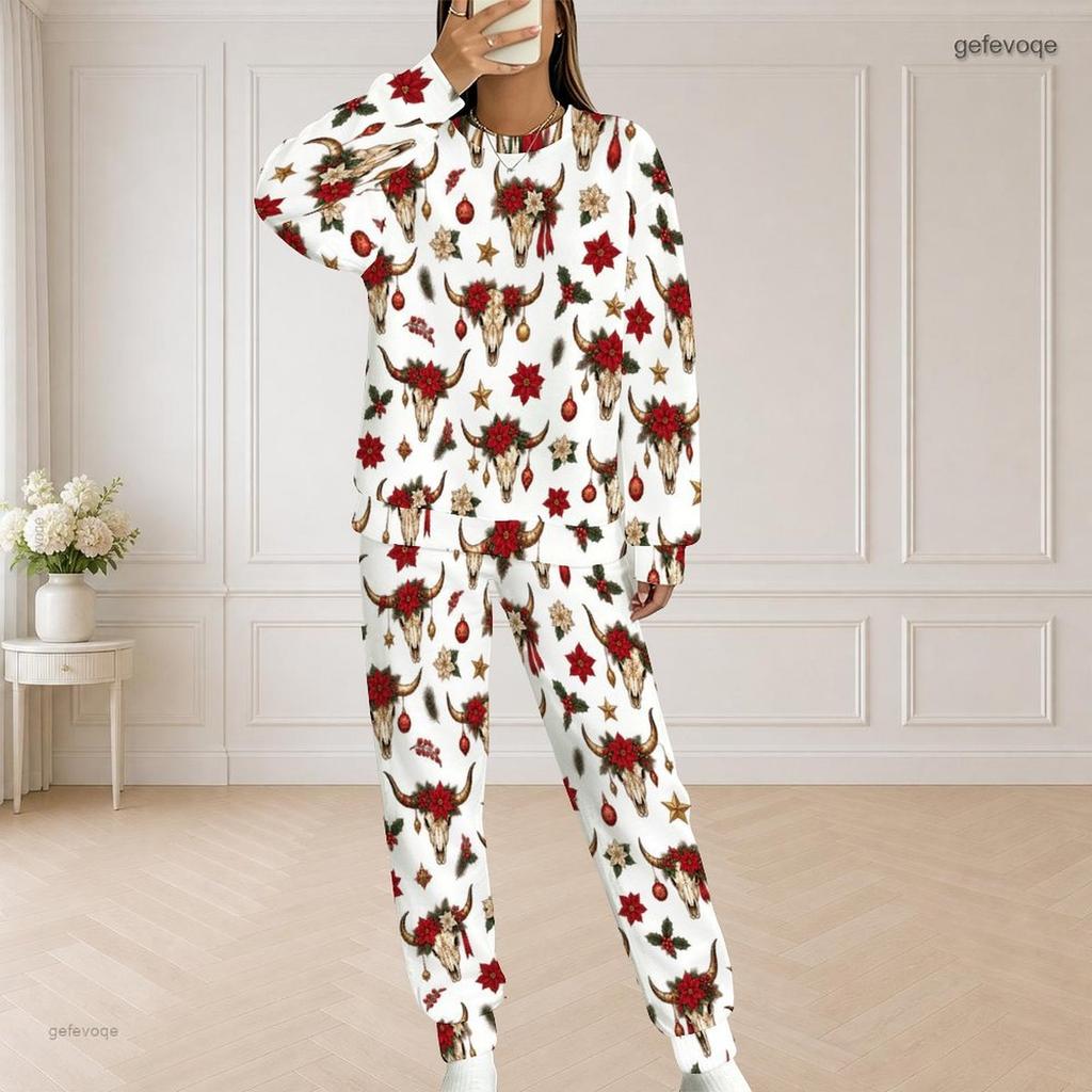 Women Plus Size Round Neck Long Sleeve Top And Long Pants Printed Two Piece Set
