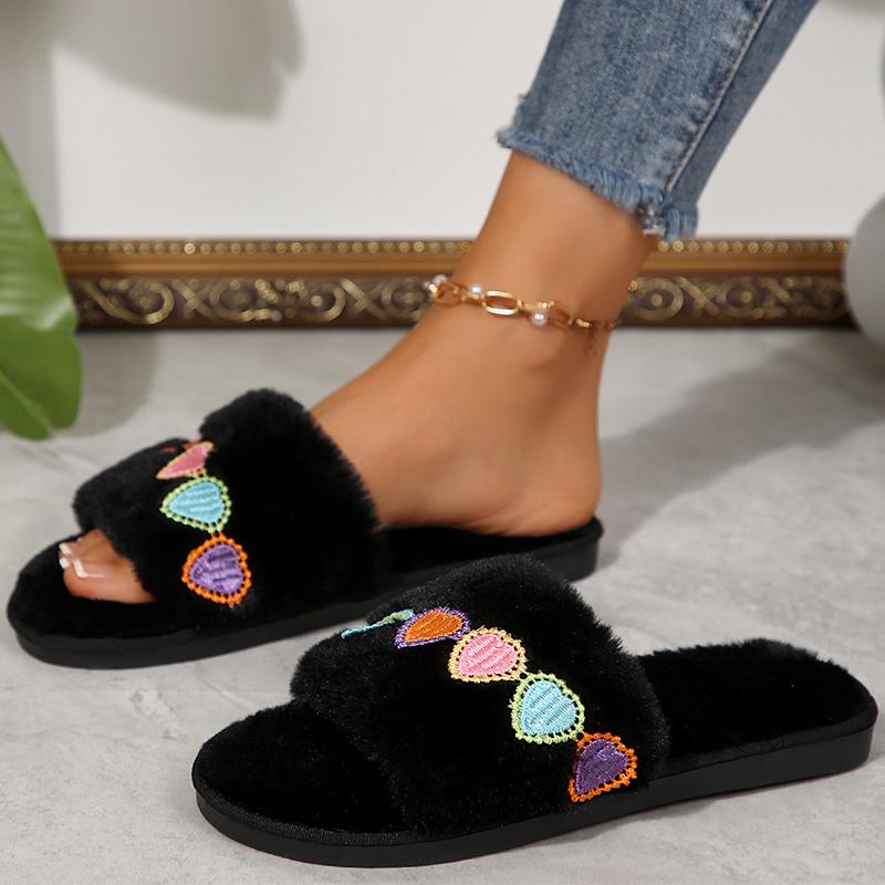 Fashion Heart Embroidery Cotton Slippers Women Black Slip On Light House Cotton Slippers Woman Soft Faux Fur Flat Heel Fur Slides Female