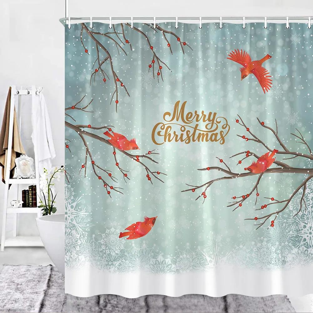Christmas Shower Curtain, Funny Snowman Red Xmas Balls Snow Pine Branch Green Buffalo Plaid Fabric Washable Bathroom Curtain Set
