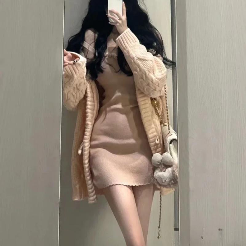 2023 Japanese Sweet Knitted Dress Suits Women Casual Hooded Sweater Cardigan + Y2k Slim Sexy Strap Dress Elegant 2 Piece Set New