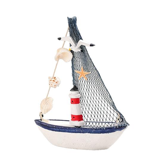 Mini Sailboat Model Nautical Resin Sailing Boat Decoration with Shell Starfish Rustic Vintage Beach Ocean Theme Ship Ornament for Home Office Bedroom