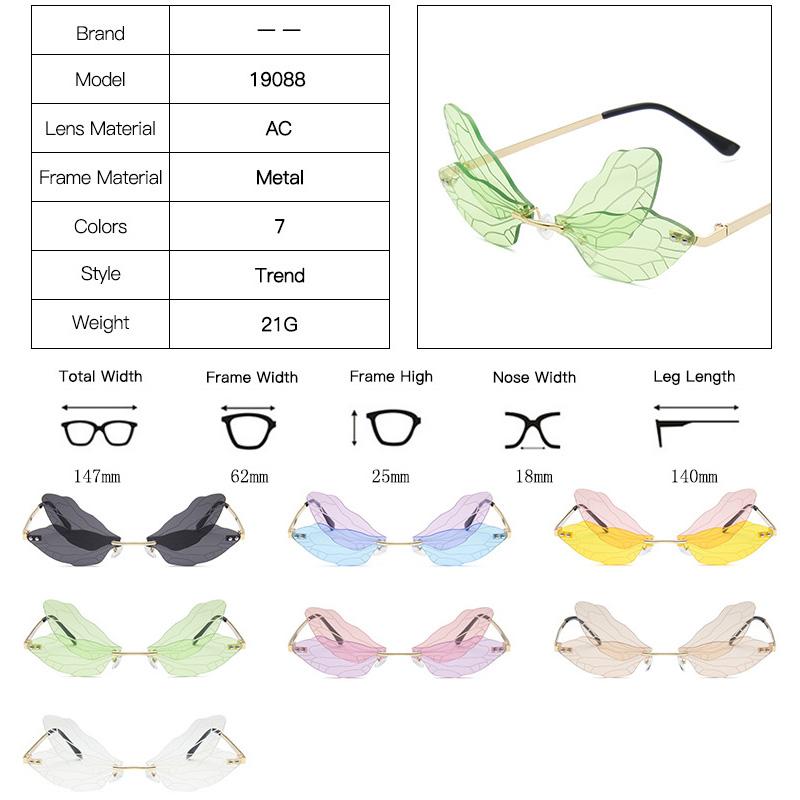 1PC Rimless Dragonfly Wing Sunglasses Vintage Clear Gradient Ocean Lens Sun Glasses Shades UV400 Fashion Party Accessories