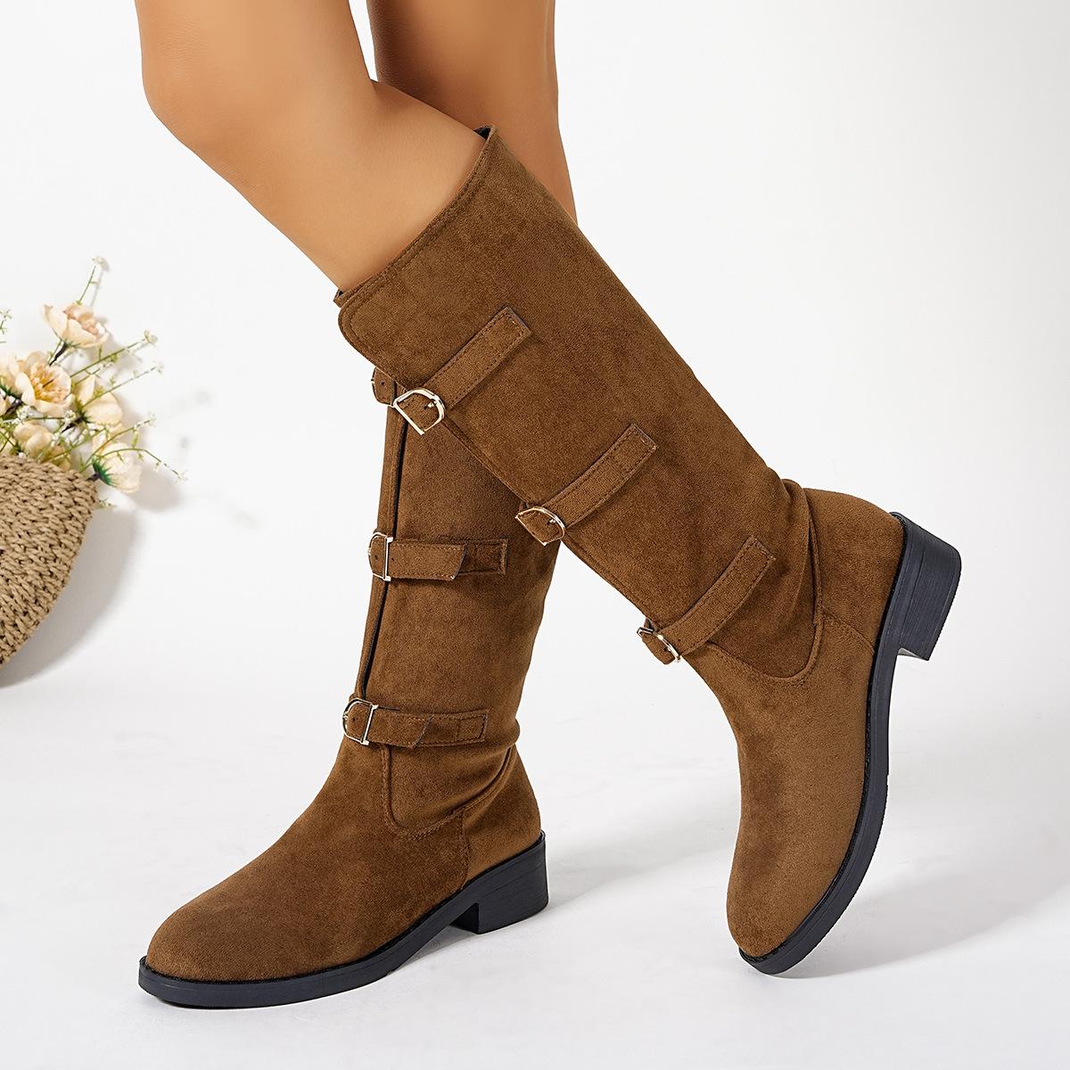 

Plus Size 36-43 Women s Suede Mid-Calf Boots Metal Buckle Straps Mid Heel Knee-High Boots 2026 Autumn Winter Fashion Botas Mujer 43 коричневий