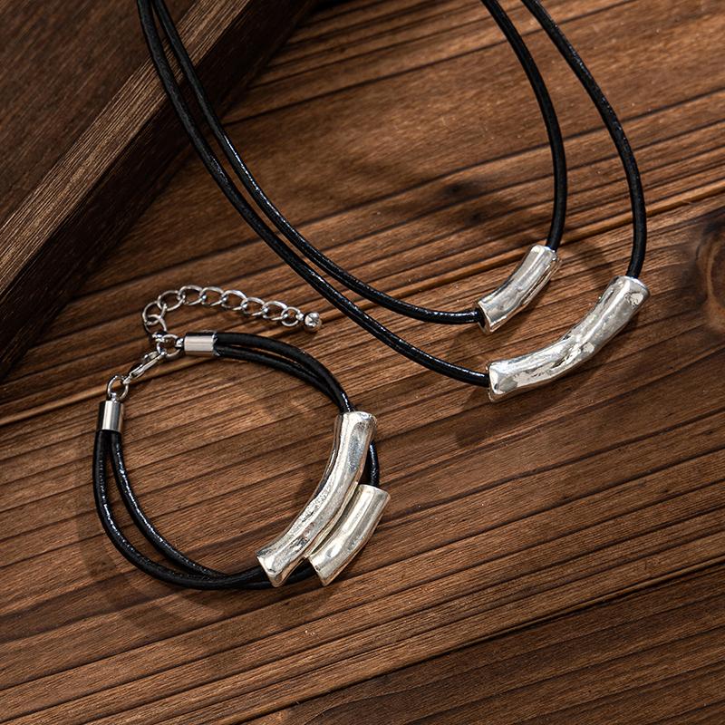 Fashion Oval Metal Necklace Bracelet Set For Women Vintage Gold Silver Color 2Pcs/Set Faux Leather Double Layered Chain Jewelry