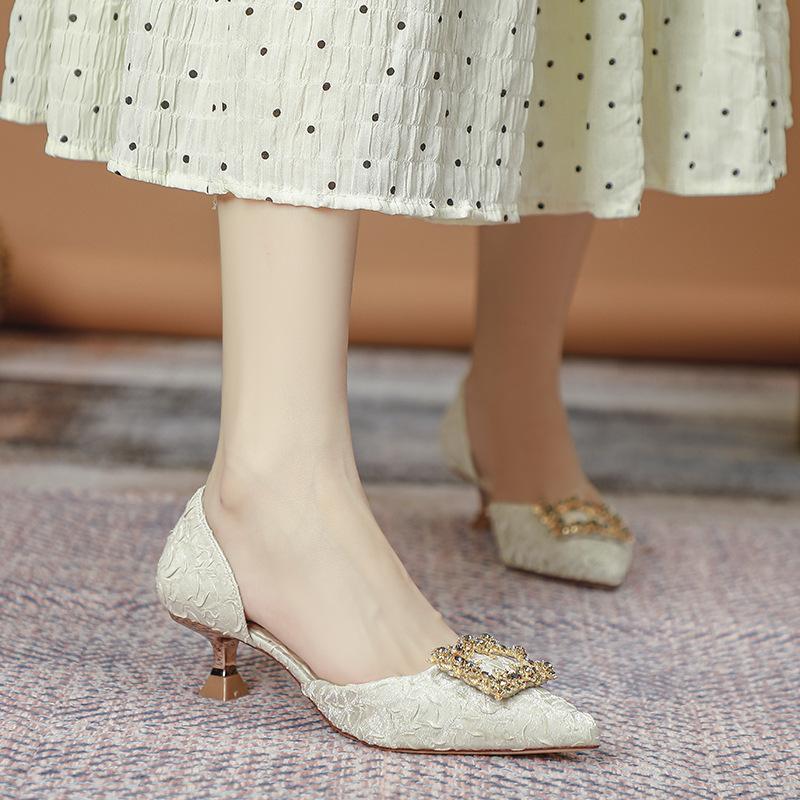 2025 New Baotou Sandals Women's Middle Heel Summer Pointed Thin Heel Fairy Wind Small High Heel Fashion Hollow Single Shoes