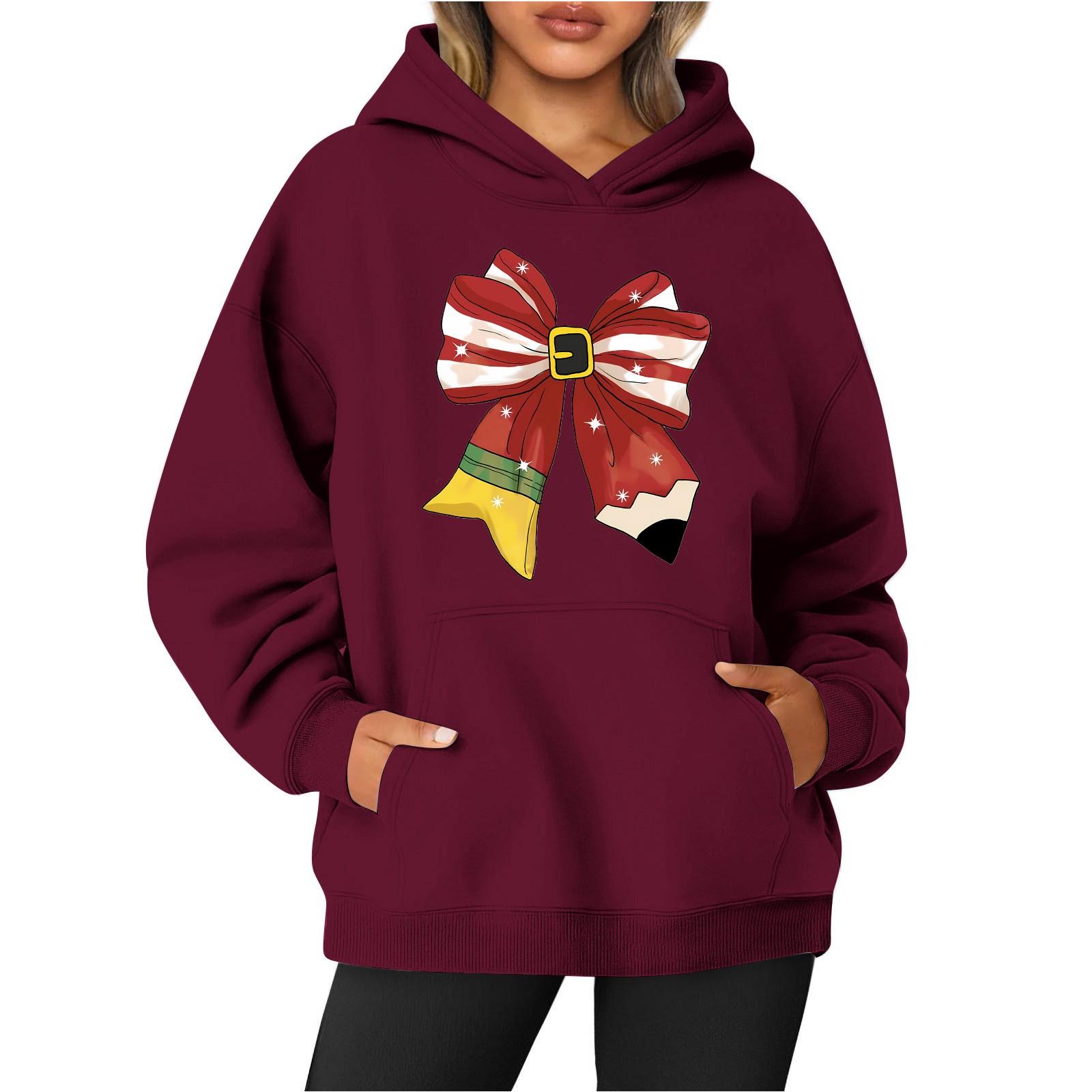 

Женская толстовка с круглым вырезом и длинными рукавами с рождественским принтом XXL винный