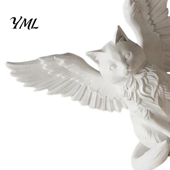 PLA Material Crafts Angel Cat Desk Ornament, Matte White 3D Printing Figurine, Minimalist Simple Textured Art Winged Sculpture for Home Office