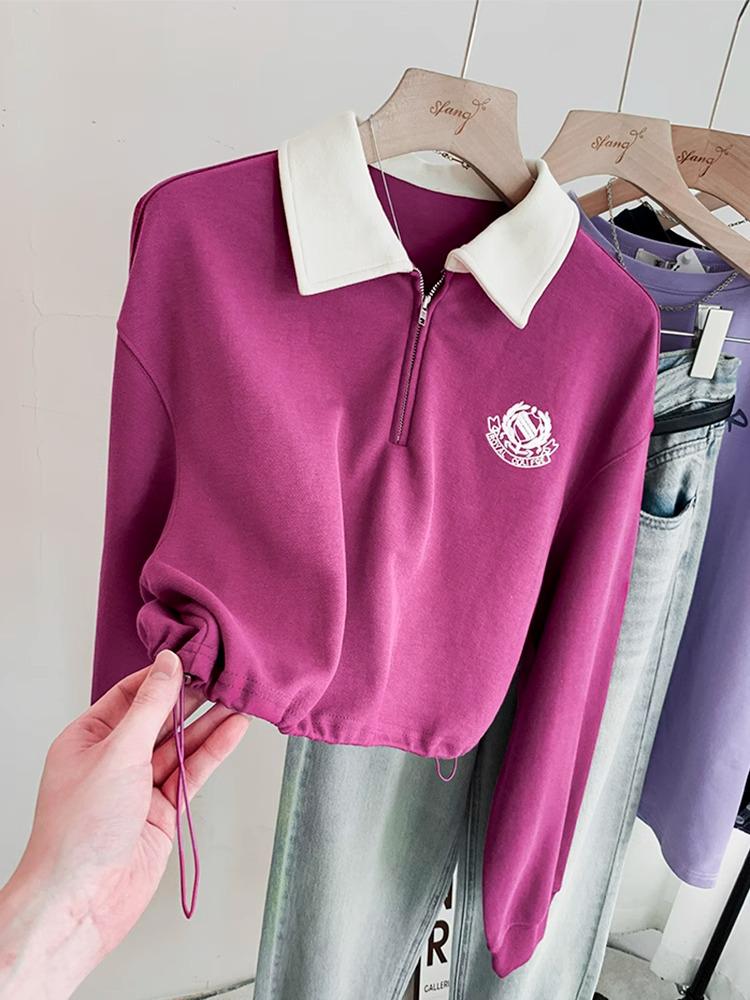 Women's 2025 Polo Collar Short Sweatshirt - Spring & Autumn Style, American Small Size