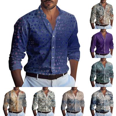 Men's Summer New Loose Print Long Sleeve Shirt Cardigan Beach Shirt