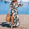 European and American Women's Clothing High Split Ends Women's Dress Leaf Print Long Dress Short Sleeve One-word Shoulder Holiday Style Skirt
