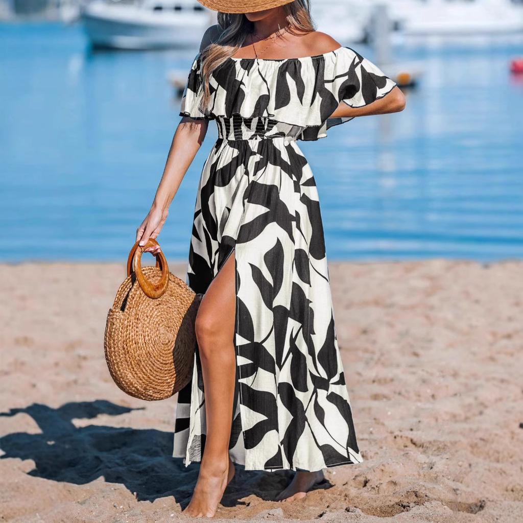 European and American Women's Clothing High Split Ends Women's Dress Leaf Print Long Dress Short Sleeve One-word Shoulder Holiday Style Skirt