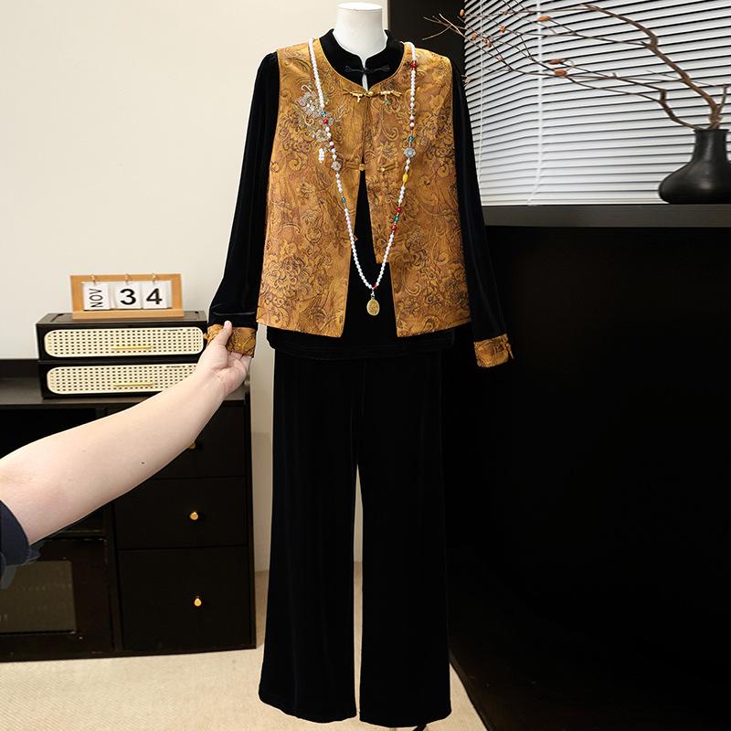

Mom s Spring 2026 New Chinese Style Three-Piece Set: Vest, Small Shirt, Suit for Middle-Aged and Elderly Women, Spring/Autumn Fashion. 3XL (125-135 jin) жовтий
