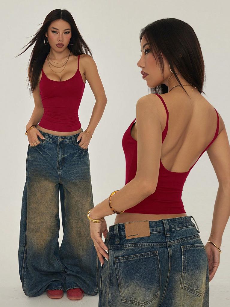 Summer Solid Color Sexy U-Neck Fashionable Versatile Suspender Backless Slim Bottom Casual Top