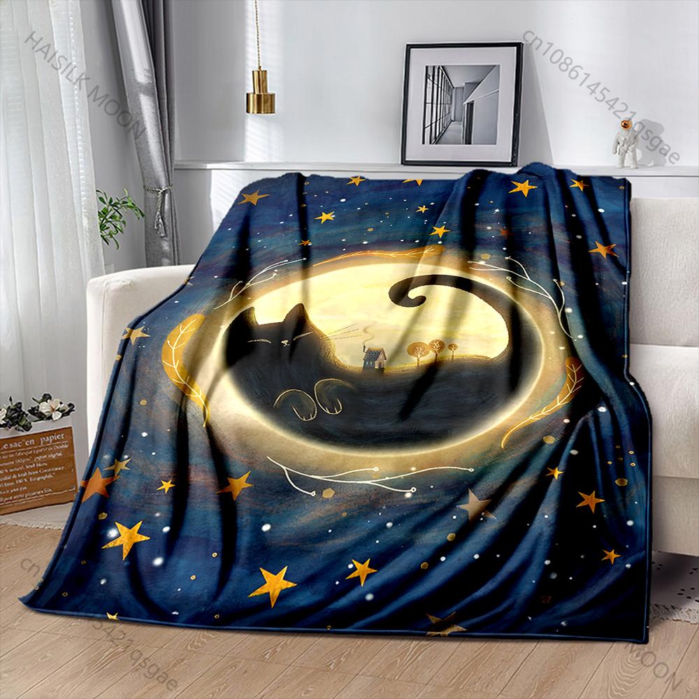 1PC Cat Moon Background, Stars Print Adult Children Warm Blankets Home Travel Car Soft and Comfortable Suitable for All Seasons