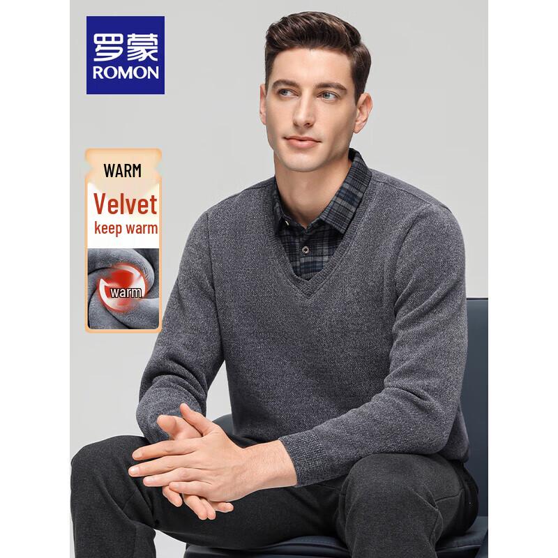 ROMON Men's Faux Two-Piece Elastic Slim Knit Shirt