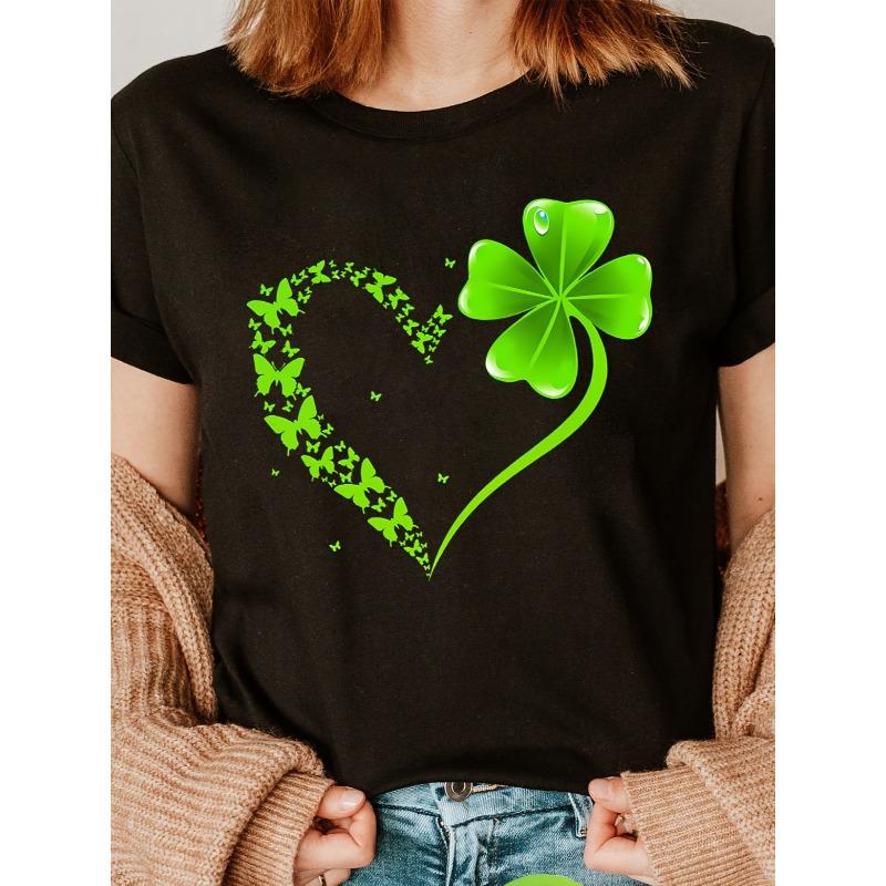 

European sizes Women s Black Short Sleeve Crew Neck T-Shirt - Green Butterfly Heart & Four-Leaf Clover Print, Semi-Sheer Casual Top 4XL чорний