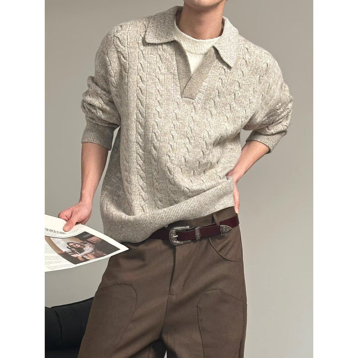 

Мужской трикотажный свитер цвета Майяр с эффектом двойки - Высококачественный пуловер с лацканами для осени/зимы M хаки