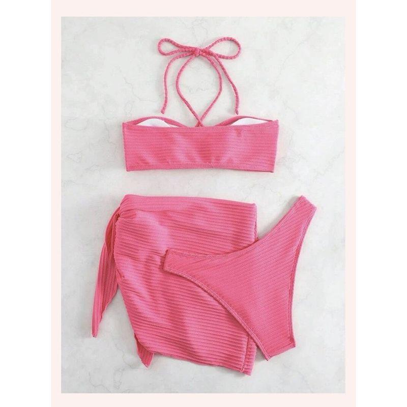 European and American Sexy Bikini Three-Piece Set Female Halterneck Pure Color Separates Swimsuit Beach Vacation Swimsuit Swimsuit