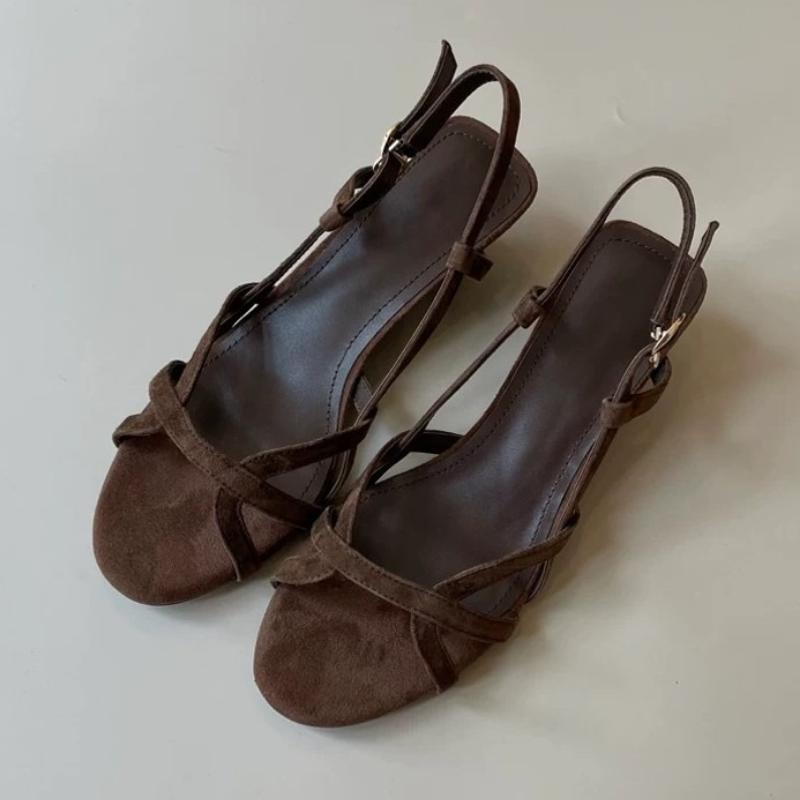 

Fashion High Quality Brown Faux Suede Wedge Sandal Women Fashion Round Toe Back Strap Buckle Designer Shoe Elegant Open Toe Roman Sandal 35 коричневий