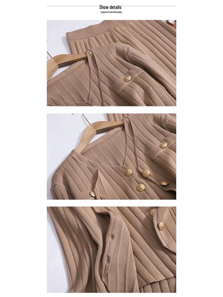 Women's Knitted Sweater Set: Buttoned Cardigan Vest with High-Waist Ribbed Knit Long Pants - Fashionable & Casual 3-Piece Style