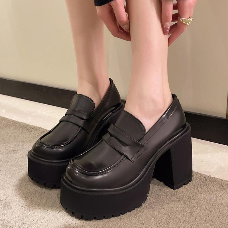 8cm Chunky Heel Platform Loafers Office Work Shoes Black Leather Shoes with Waterproof Sole Korean Thick Heel Casual Shoes