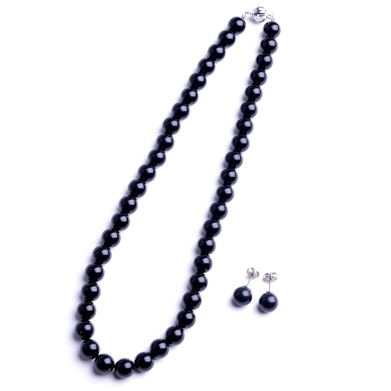 

[Aurora] 9mm Jet Necklace and Earrings Set with Gift Box, Black Amber, 16-inch, 17-inch, 18-inch (42cm, 45cm, 47cm) Choker Princess (16-inch,
