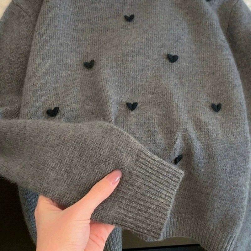 Minimalistische Strickware im koreanischen Stil mit Herzmuster, Langarm, lockerer Pullover, vielseitiger, lässiger Pullover für Damen