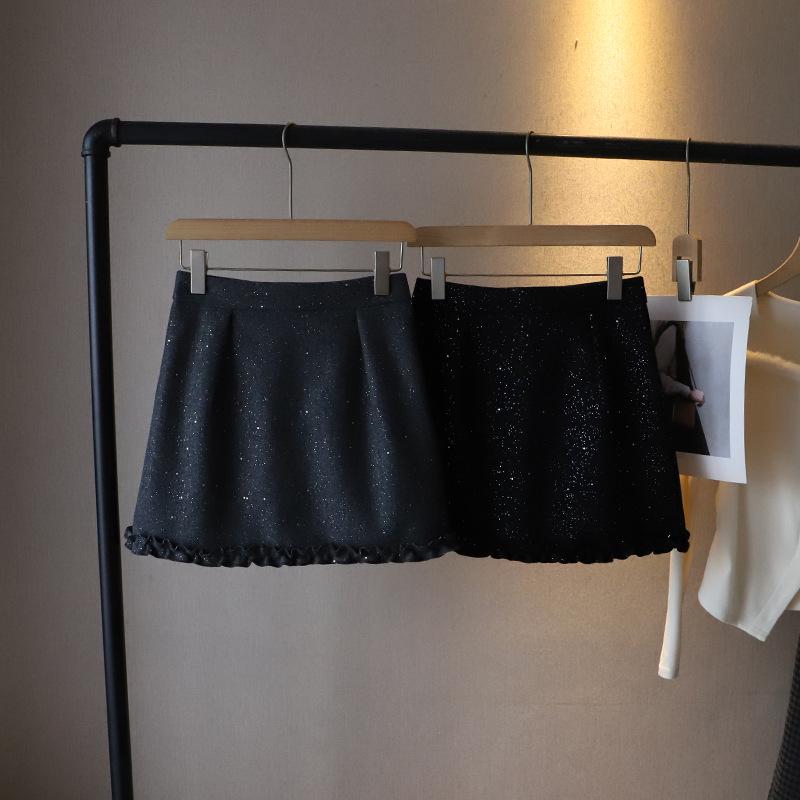 Bi Zheng 2024 Shiny Tweed Petite Slimming Lace Mini Skirt