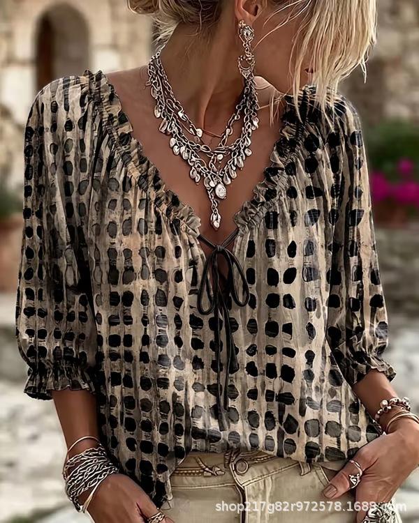 Summer V-neck T-shirt printed streamer loose casual fashion top seven-quarter sleeve summer short sleeve top