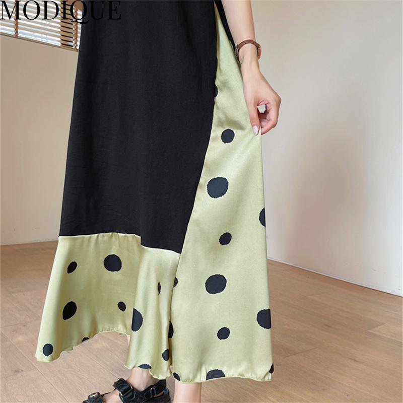 MODIQUE Summer Plus Size Women Loose Casual A-Line Patchwork Dot Print Silk Hemline Long Dresses Female Versatile Oversize Short Sleeve V-Neck Dresses