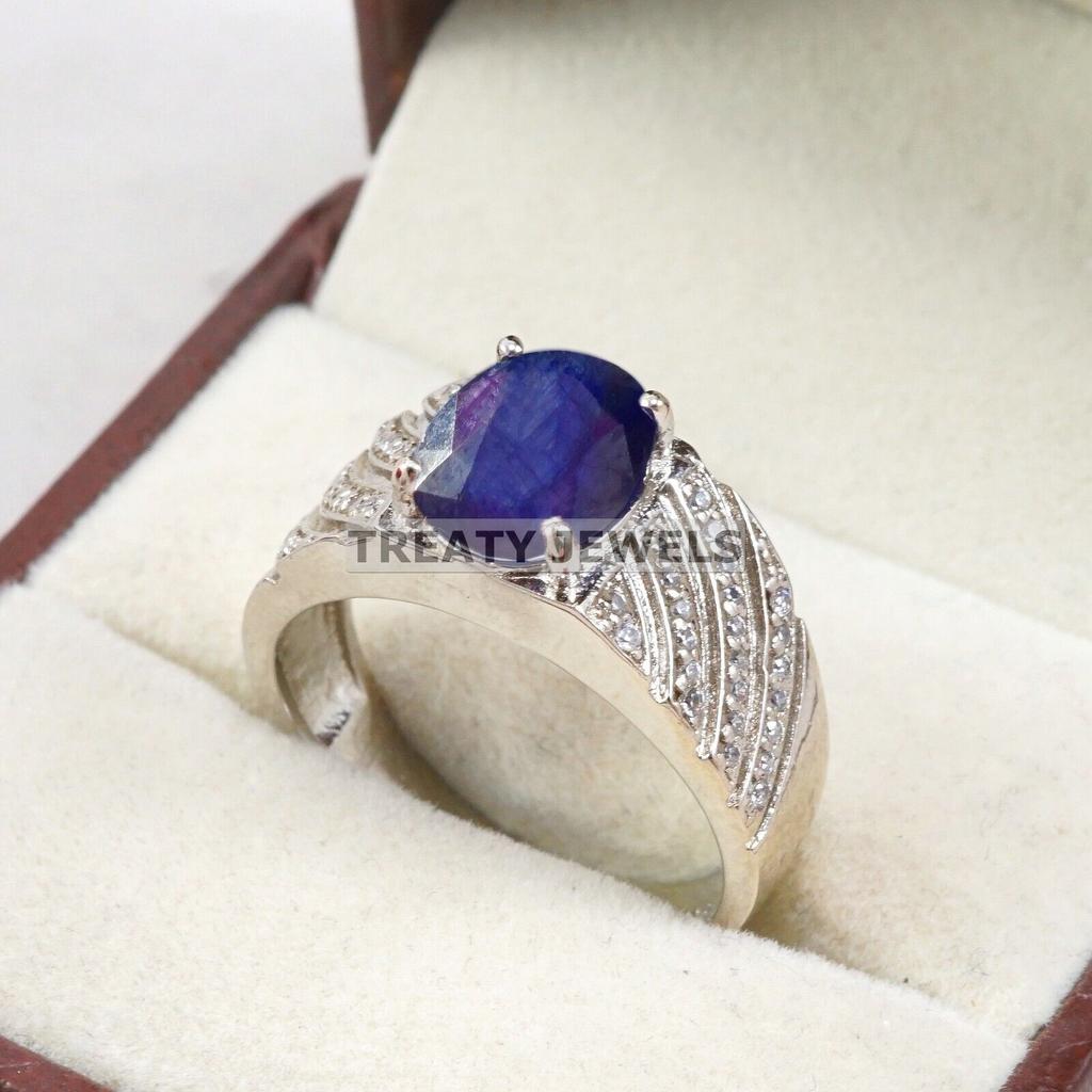 Blue Sapphire Oval Cut Gemstone With 925 Sterling Silver Ring For Men's #B616 JL375686512878