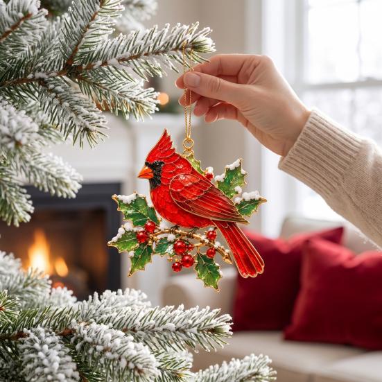 Winter Bird Gift for Friends Christmas Ornament, 2D Acrylic Hanging Decor with Gold Edge, Festive Garlands Red Hummingbird Blue Jay, Holiday