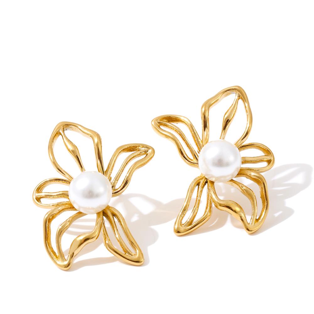 Eetit 2025 Stainless Steel Pearls Hollow Flower Stud Earrings Gift Gold & Platinum PVD Plated Modern Daily Jewelry Anti Allergic