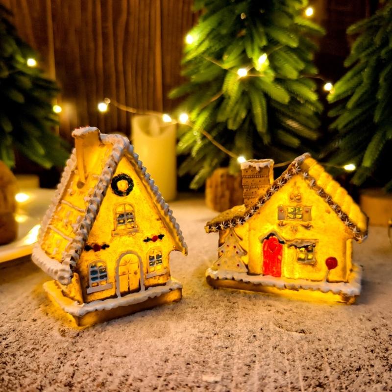 Christmas Village Houses Christmas Collectible Buildings with LED Light Christmas Decors Gingerbreads House Figurine