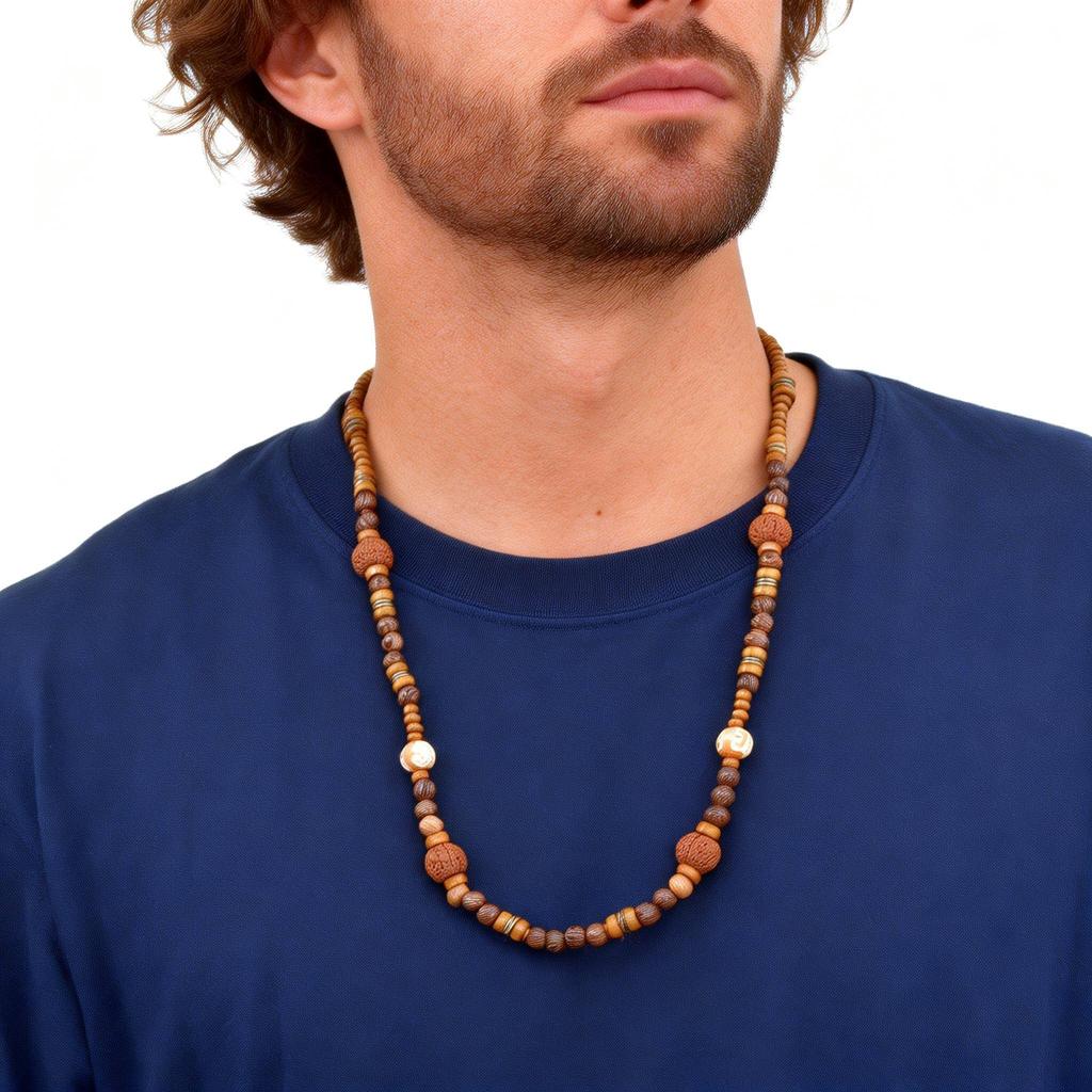 Men's Wood Beaded Long Necklace,Vintage Ethnic Layered Long Chain Collars,Summer Bohemian Jewelry Gift
