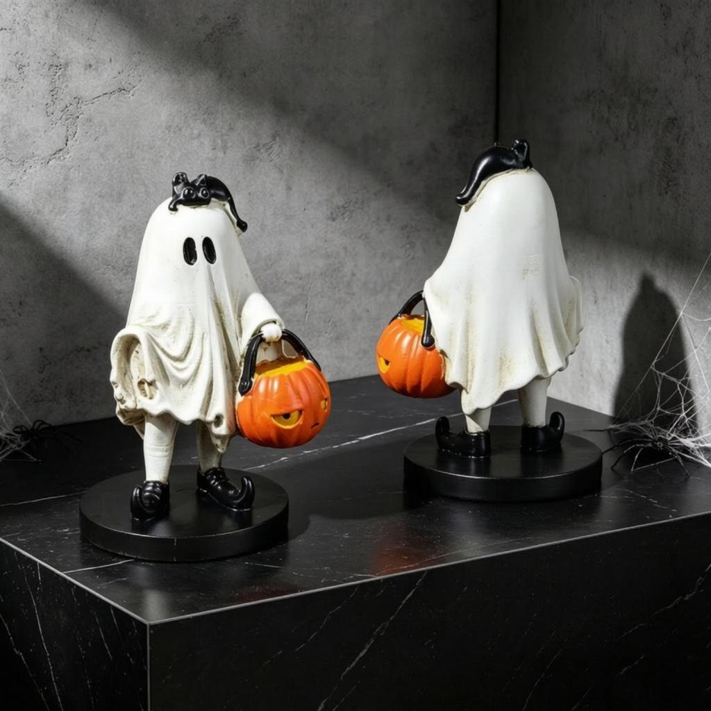 Halloween Ghost Figurine with Pumpkin Basket Resin Sculpted Decor for Shelf Display
