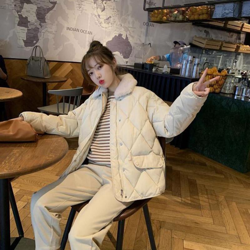 Winter Down Coat Korean Fashion Short Rhombic Cotton Coat Short Lapel Fur Collar Slim Down Jacket