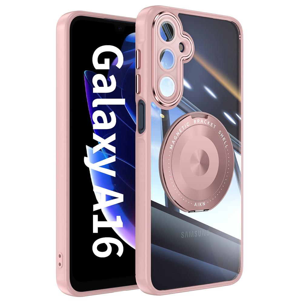 

For Samsung Galaxy A16 4G/5G Magnetic Case PC+TPU Phone Cover with Rotating Metal Kickstand,Lens Protector Pink