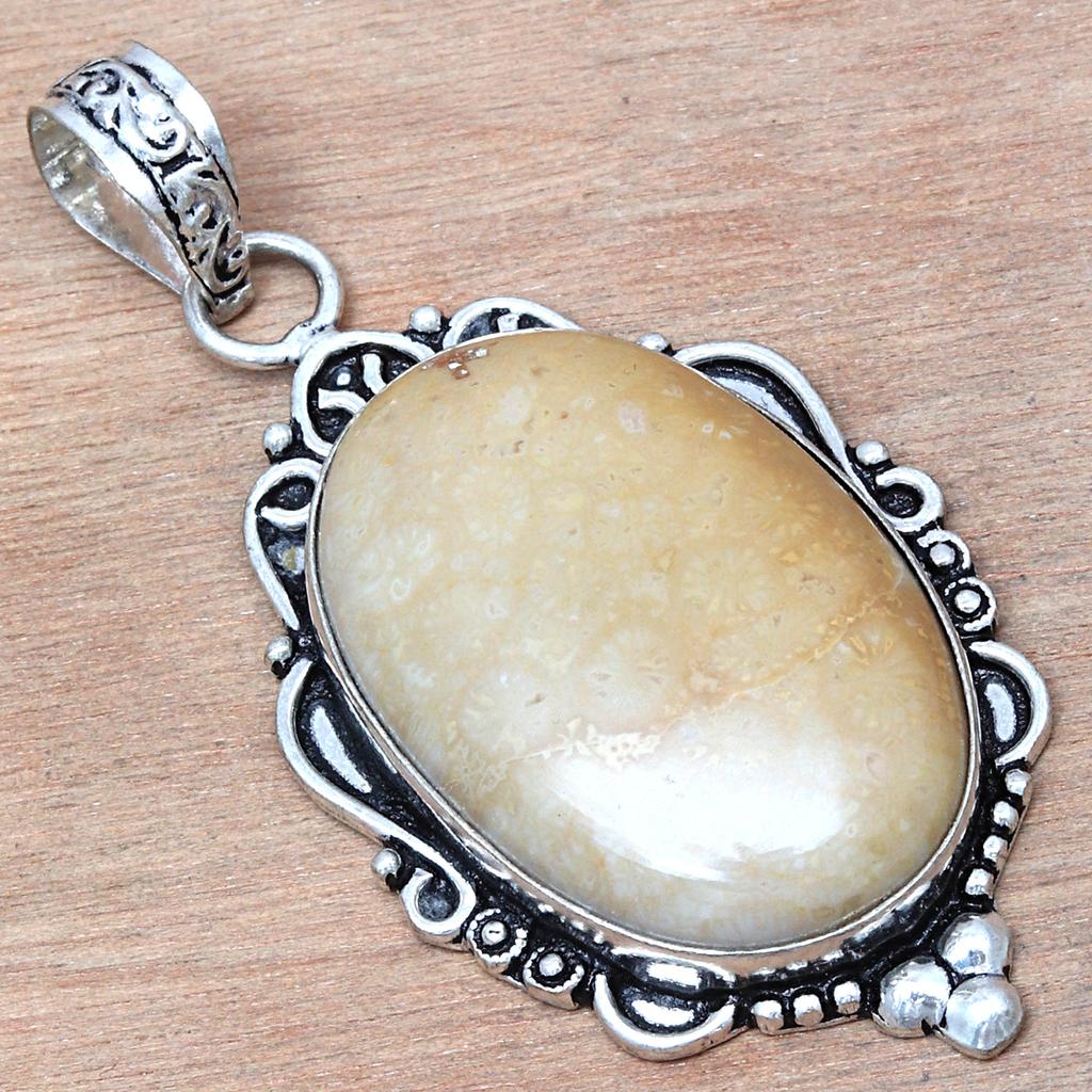 Pendant Fossil Coral Gemstone Handmade Gift For Her Silver Jewelry 2.5"